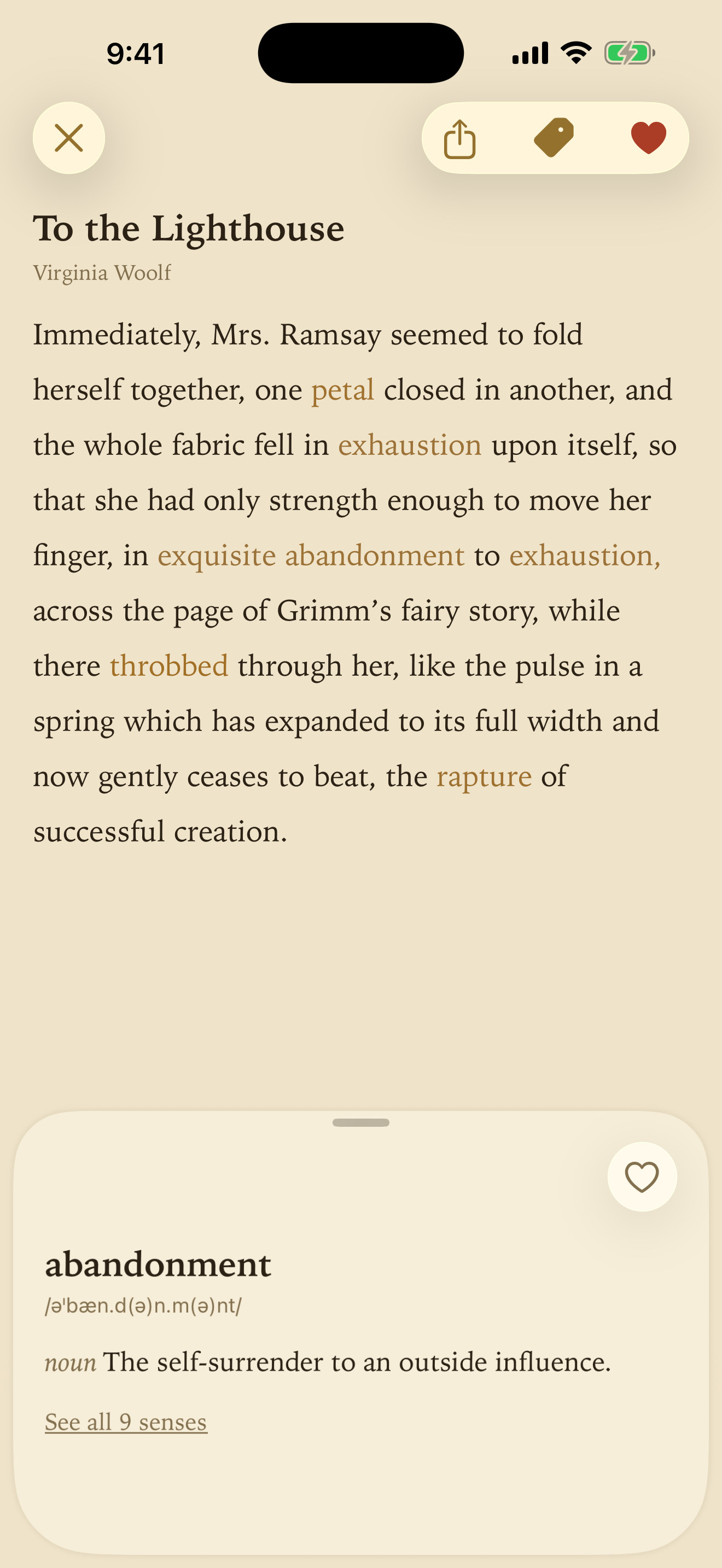 A passage from To the Lighthouse with the word abandonment tapped: the dictionary opens to the sense Woolf means — the self-surrender to an outside influence — one of nine the word carries.