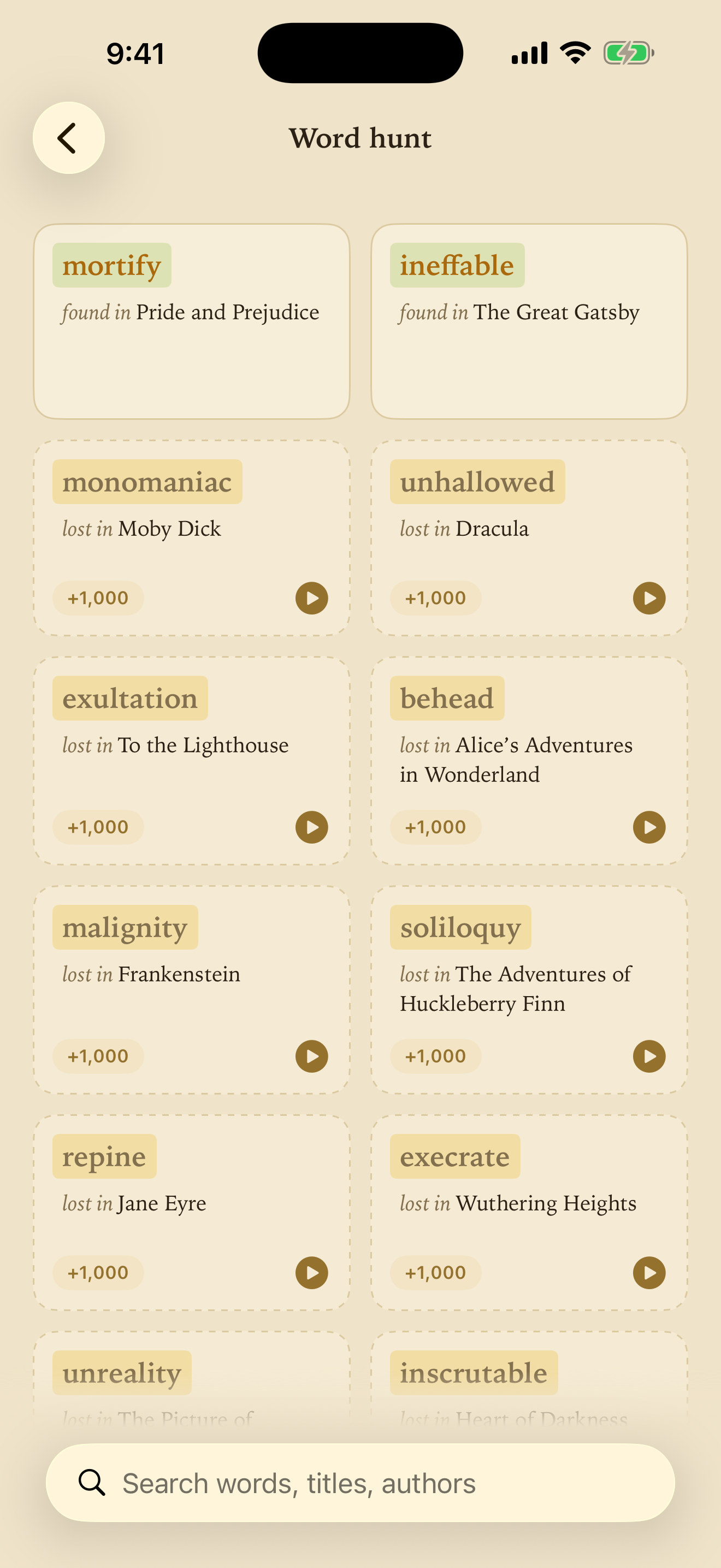 The word hunt: each book's rarest word as a trophy to catch — mortify found in Pride and Prejudice, ineffable found in The Great Gatsby, monomaniac still lost in Moby Dick, soliloquy lost in Huckleberry Finn.