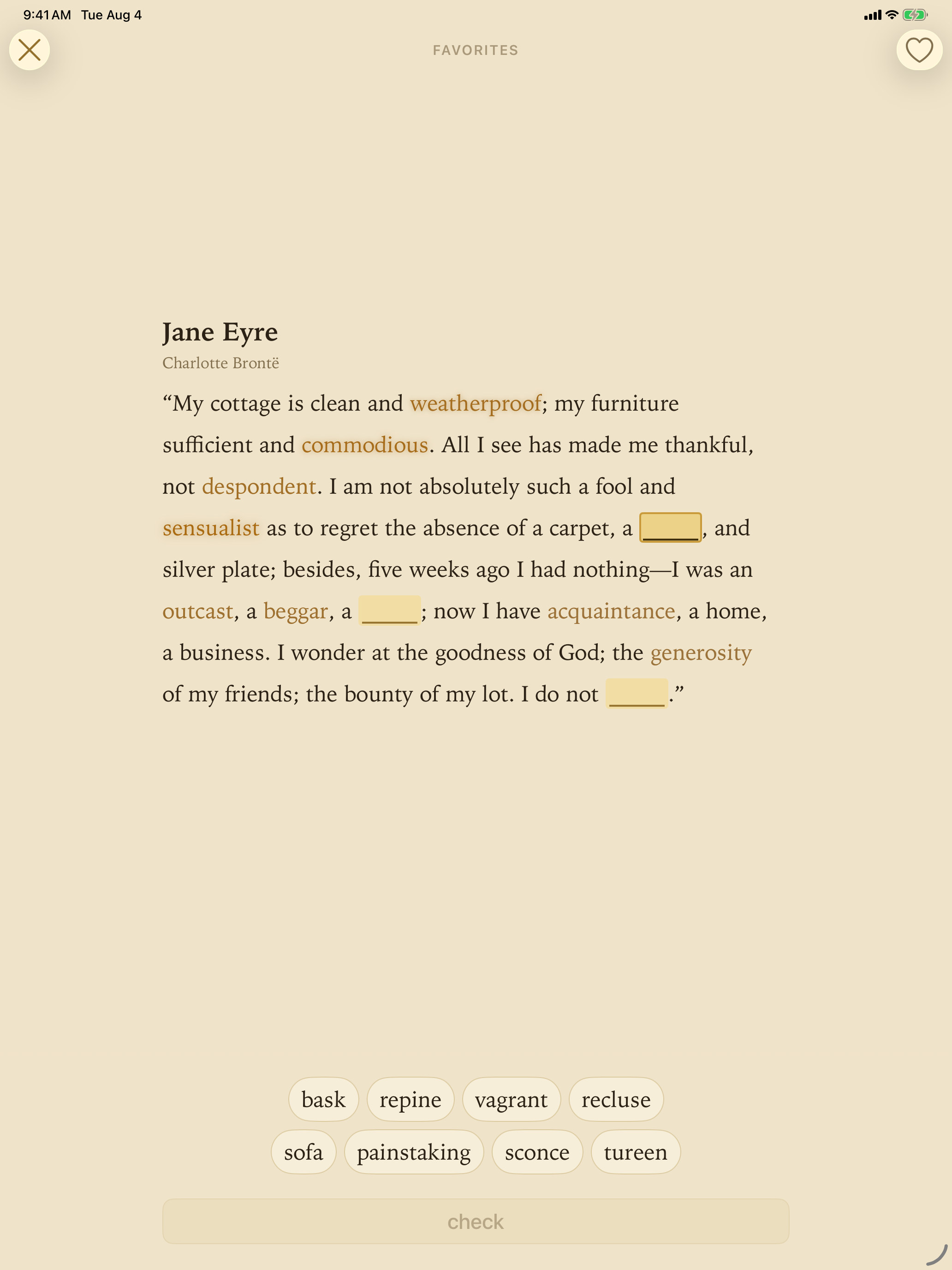 Selcouth on iPad: a passage from Jane Eyre with four words hidden, set in a wide reading column, the bank of words waiting below.