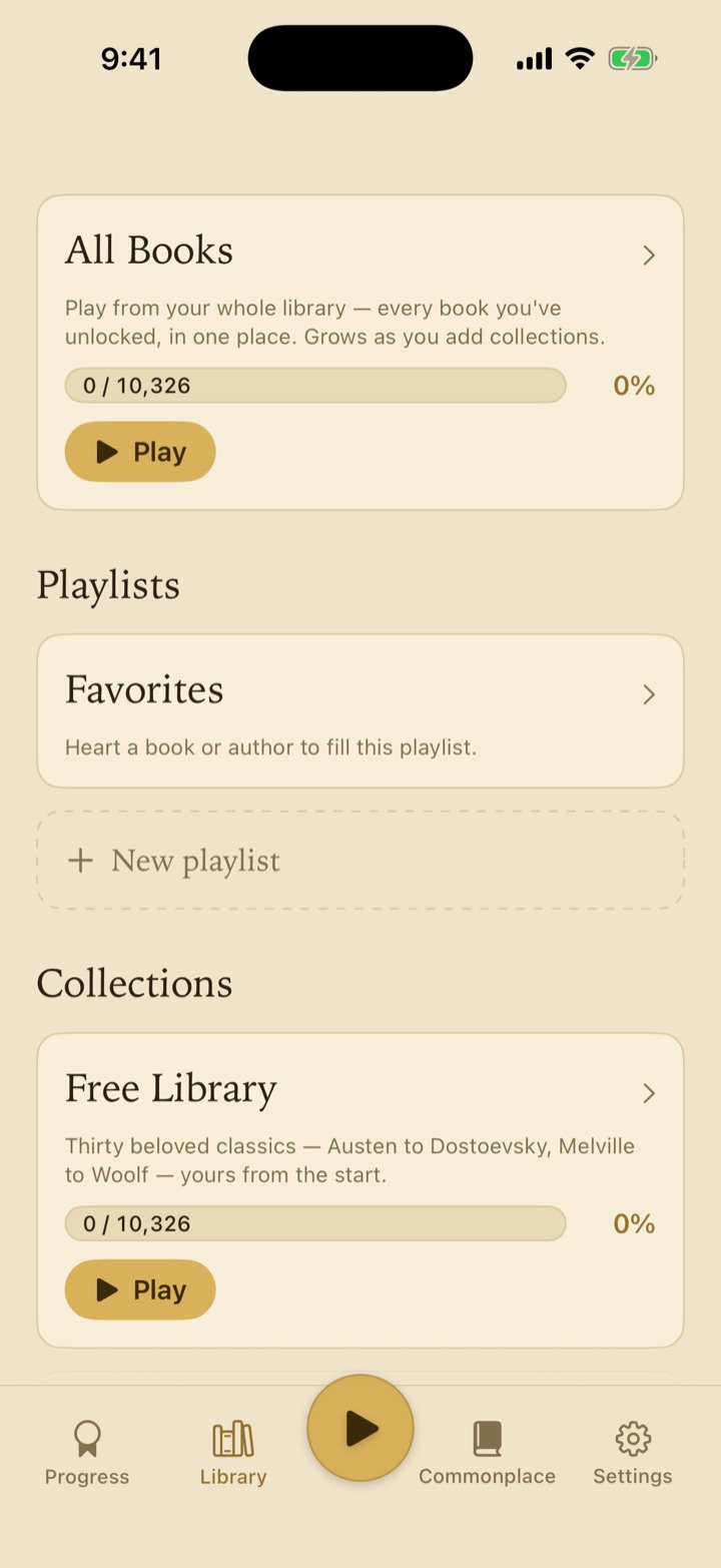 The library: shelves of book collections, starting from a free library of thirty classics.