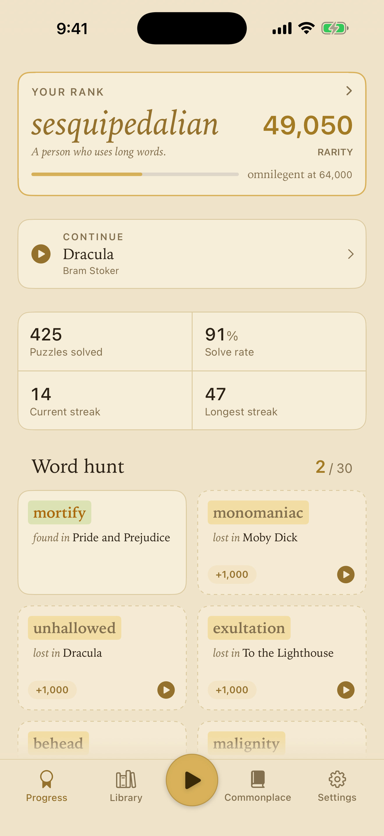 Your progress: the rank sesquipedalian with a rarity score climbing toward the next rung, a button to continue Dracula, solve streaks, and the word hunt — the rarest words to find, two already caught.